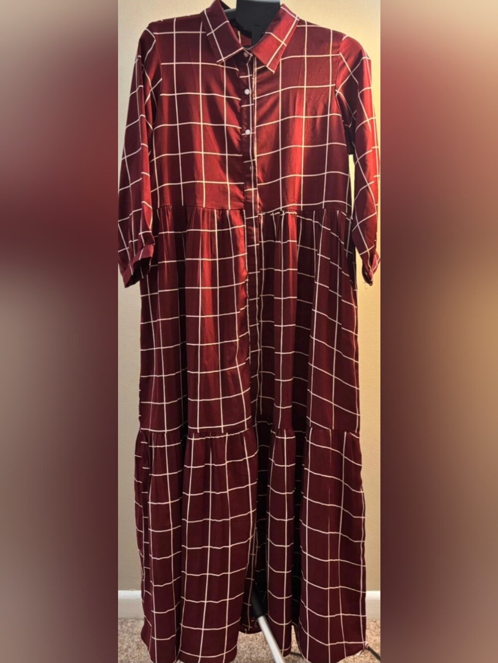 Windowpane Check Burgundy Tiered Dress